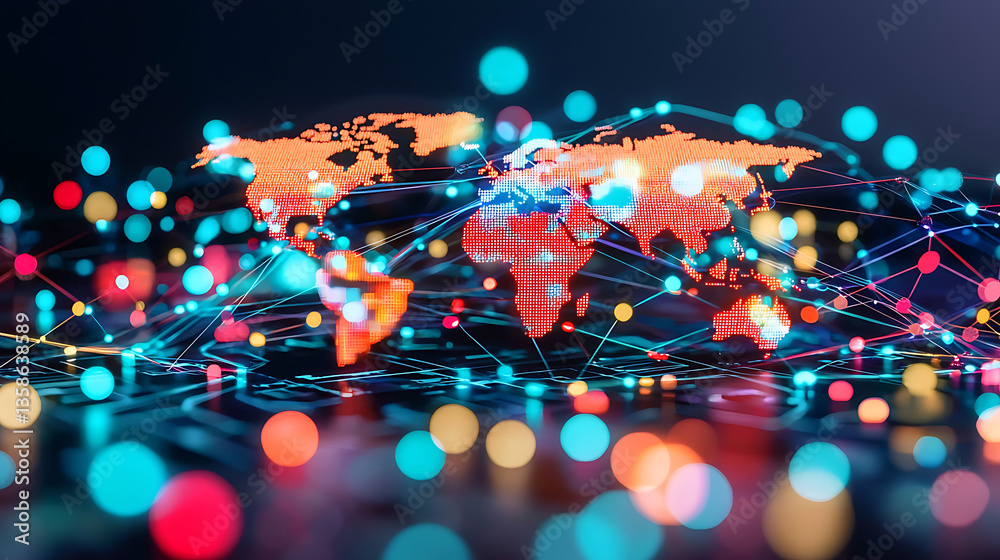 Poster global data connectivity visualization digital world map graphic design colorful network environment