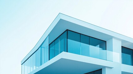 Fototapeta premium A minimalist blue two-story house with clean architectural lines, large glass panels, and a sloping roof, showcased against a pure white background. - 
