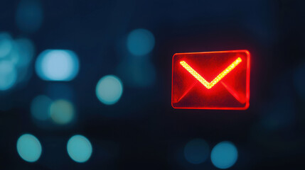 Fototapeta premium glowing red email icon stands out against blurred dark background, symbolizing digital communication