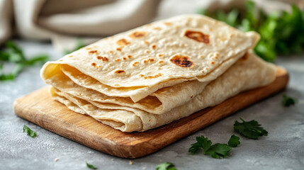 Close-up of traditional lavash bread stacked neatly with light charring. The thin, airy texture and toasty spots highlight its simplicity, ideal for wraps or as a side in modern cuisine.

