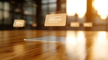 Floating digital text labels hover over wooden table in sunlit room