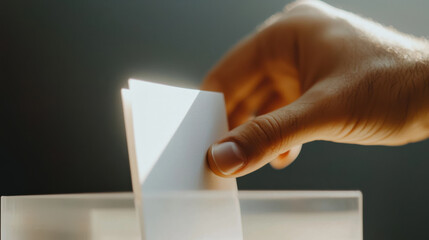 hand places white card into transparent box, suggesting organization or voting