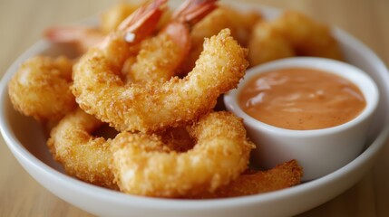 A close-up of crispy fried shrimp with a side of tangy cocktail sauce.