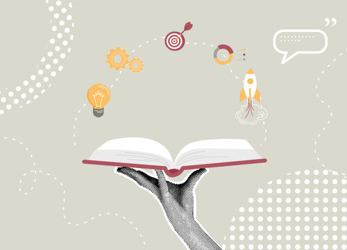 Trendy halftone collage. Unlocking potential. Brand story concept, concept development, storytelling message, learning. 