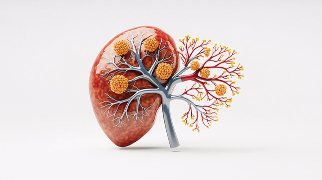 Kidney Model Displaying Medical Condition with Yellow Clusters on Veins and Organ Body Illustration