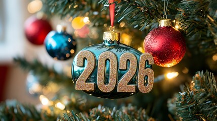 A modern "2026" New Year ornament with glittering accents, elegantly suspended on a Christmas tree adorned with colorful lights and ornaments.  