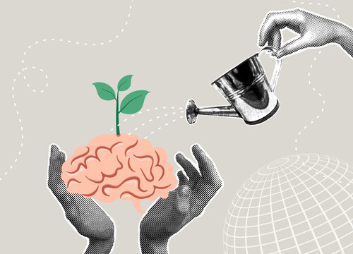 Trendy halftone collage. Brain development - concept of growth, learning and development. The concept of learning, self development, positive attitude towards learning new things, improving for