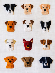 Obraz premium Hand-embroidered dog faces in various colors and breeds arranged in grid on fabric