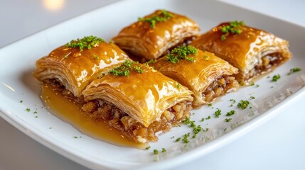 Delicious Baklava Dessert with Nut Filling and Honey Syrup Garnished with Green Pistachio Crumbs