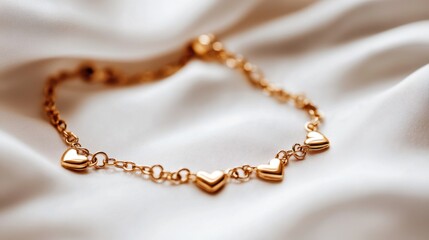 Fototapeta premium A delicate gold-plated bracelet with tiny heart charms, displayed on a crisp white background.