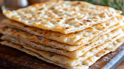 Close-up of traditional lavash bread stacked neatly with light charring. The thin, airy texture and toasty spots highlight its simplicity, ideal for wraps or as a side in modern cuisine.

