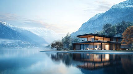 Fototapeta premium A modern villa located on the edge of a sparkling lake, its clean architecture harmonizing with the tranquil beauty of the natural surroundings. 