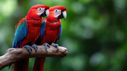 Obraz premium Two Scarlet Macaws perched on a branch in a lush green forest