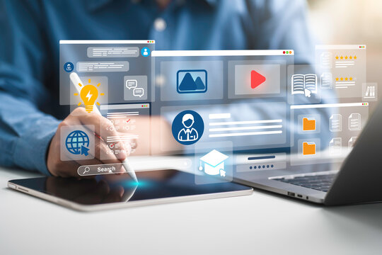 businessman or student use laptop for e-learning education learning and training online with webinar, video tutorial, internet lessons and online course application