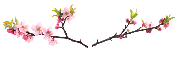 Naklejka premium Two images side by side, pink peach blossom branches with flowers on the left and right sides, isolated on a transparent background png