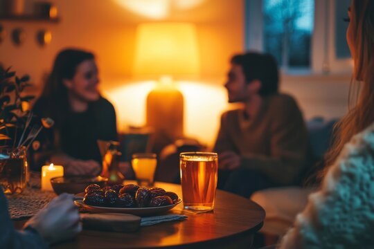 A group of friends gathers in a cozy living room, passing plates of dates and warm tea. The soft glow of a nearby lamp creates a relaxed setting