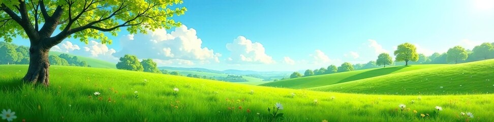 Lush green fields and budding trees under a clear blue sky in a peaceful spring landscape,  grass,  sunny
