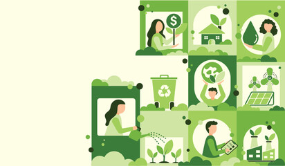 World environment and sustainable development concept with ecology icons template vector flat design, eco friendly and green technology. ESG for business and organization. Net zero and carbon neutral