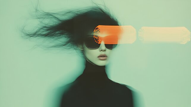 Model with flowing hair and sunglasses poses against a soft green background during a fashion shoot in a studio setting