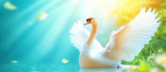 Obraz premium Majestic Swan on Water, Spring Sunlight, Floral Background