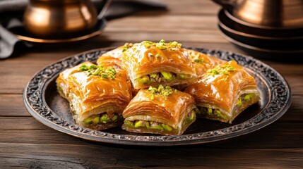 Golden Baklava Pastries on Decorative Plate with Pistachios and Traditional Tea Accessories