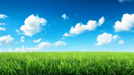 Obraz premium Lush green grass under a bright blue sky with fluffy clouds during a sunny day
