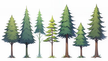 Eight Stylized Pixel Art Pine Trees on White Background