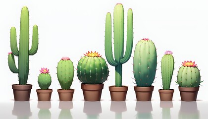 Low Poly Cacti Collection in Terracotta Pots on White Background