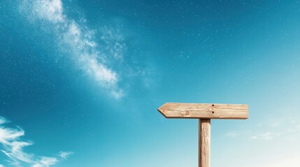 Fototapeta premium A minimalist wooden signpost pointing toward the Milky Way, symbolizing curiosity and wonder with ample copy space,