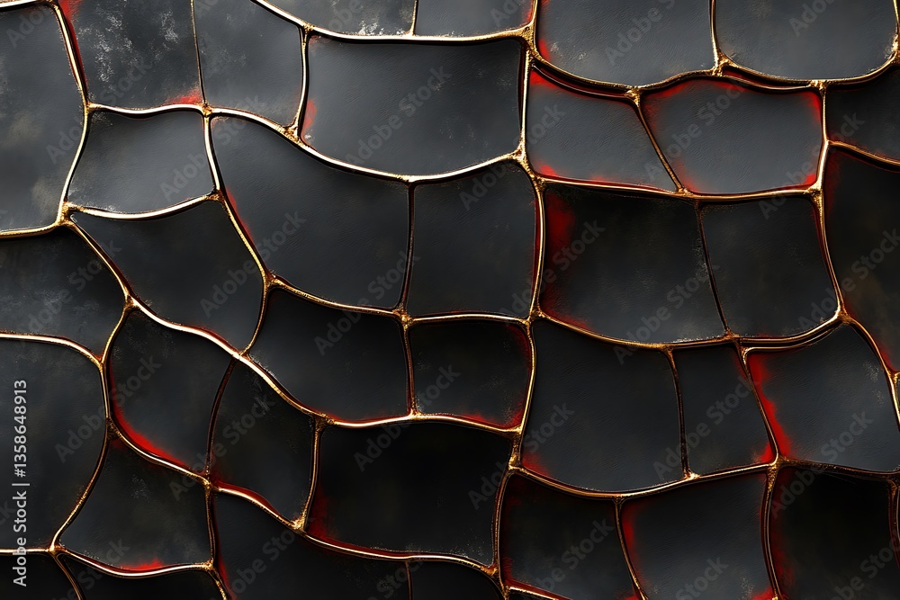Poster abstract dark 3d render of a wavy textured surface with gold and red accents