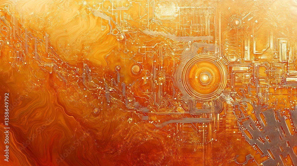 Poster abstract orange digital circuit board with liquid marble texture background
