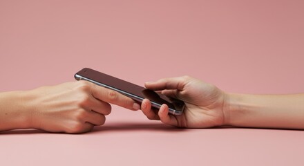 Hands exchanging a smartphone.