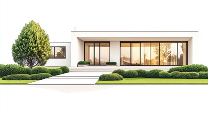 A sleek modern house with clean lines and large windows, surrounded by a minimalist garden with trimmed shrubs and a lush green lawn, isolated on a white background 