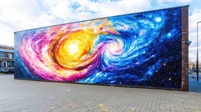 A galaxy-themed mural on a city wall, blending urban art with cosmic inspiration and providing ample room for promotional content,