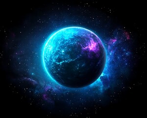 Obraz premium Glowing Blue Alien Planet with Space.