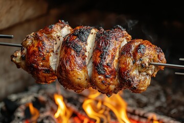 Juicy chicken rotisserie, perfectly roasted, with charred skin, over blazing fire. Showcasing grilling, backyard BBQ, or promoting cooking delicious food.