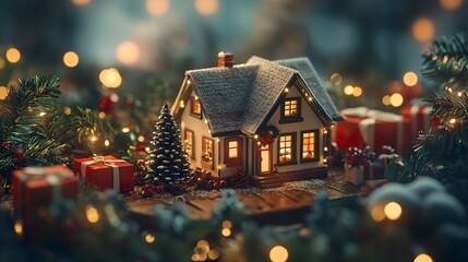 A small house model nestled among vibrant Christmas gifts and seasonal decorations on a rustic wooden table, with warm holiday lighting.  