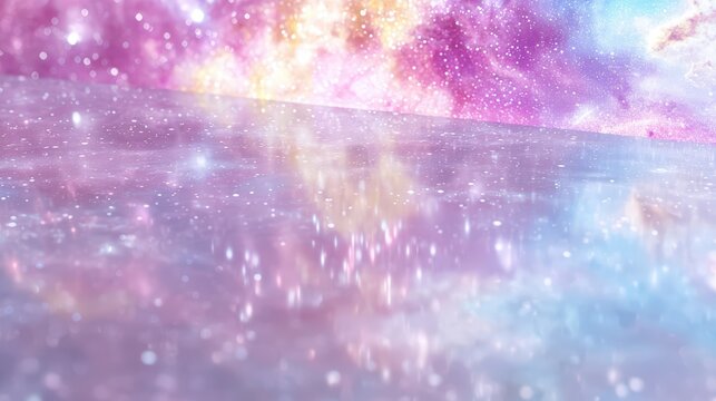 A close-up of a reflective surface mirroring a galaxy, creating a sleek and modern backdrop with generous margins for ad copy,