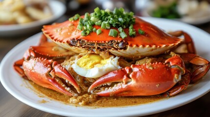 A plate of Thai chili crab stir-fried with egg, garlic, and scallions in a rich curry sauce.