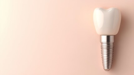 This detailed illustration features a tooth implant design highlighting interactive sliders for material and size options, set against a minimalist white background