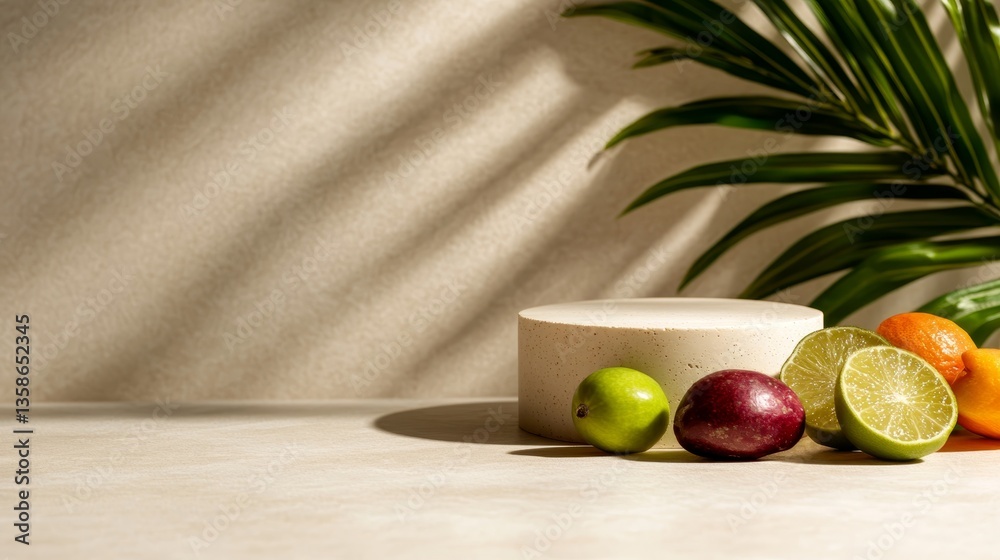 Fototapete an abstract white stone podium is accompanied by fresh fruits and soft shadows from leaves, creating