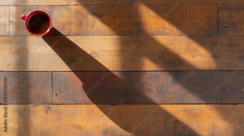 Poster single red coffee cup rests on a rustic wooden table, illuminated by warm sunlight streaming through