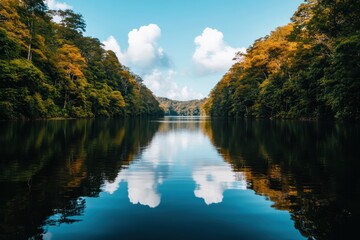 Tranquil River Surrounded by Lush Forests and Reflections of Clouds in Clear Blue Sky