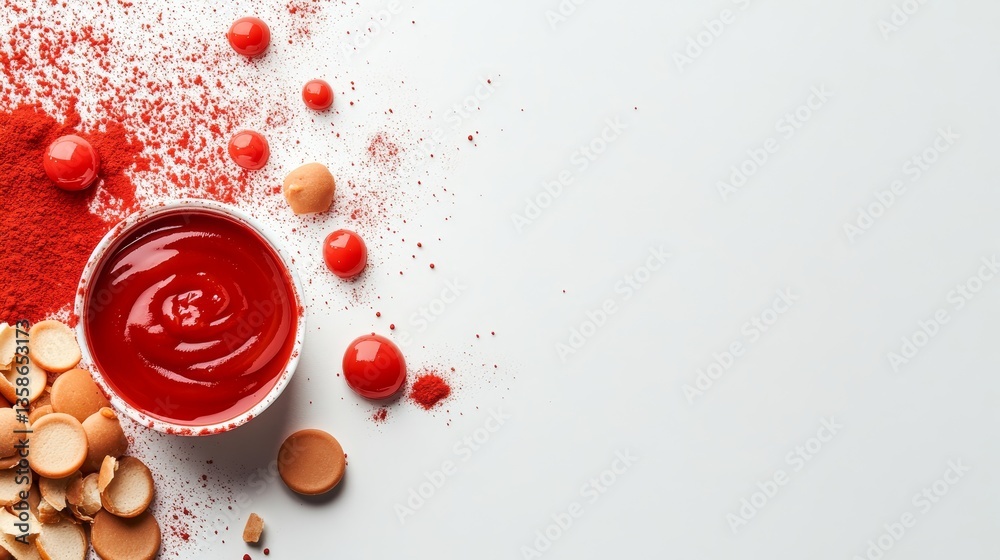 Poster bright red ketchup splashes and droplets create a striking visual against a white backdrop. perfect 
