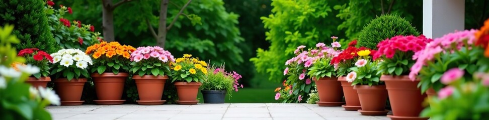 Obraz premium Patio garden with vibrant containers showcasing a wide variety of colorful flowers against a backdrop of green foliage, outdoor decor, colorful flowers