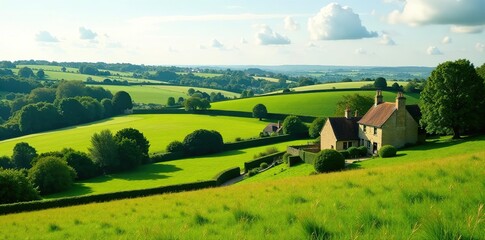Peaceful and picturesque countryside scene in the Cotswolds, featuring rolling hills, lush green meadows, and quaint stone cottages, Cotswolds, rural