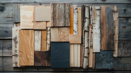 Various wood and bark samples are arranged on a wooden surface. Use for design projects requiring natural material backgrounds or textures.