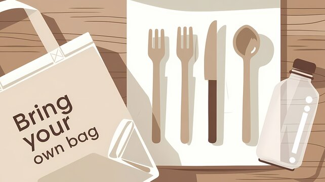 Flat Art Illustration of Eco-Friendly Items Including a Tote Bag with "Bring Your Own Bag" Text, Bamboo Cutlery, and a Glass Water Bottle on a Wooden Surface