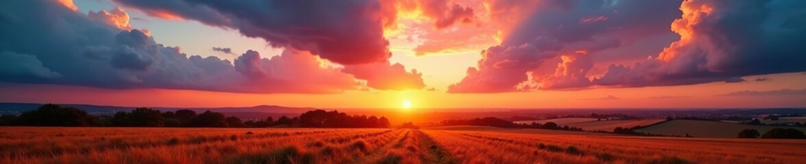 Majestic 4K time-lapse of colorful sunset over fields with rolling clouds, stunning nature's light,  time-lapse,  sunset