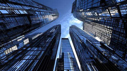 Fototapeta premium Towering architectural reaching for the sky in the heart of the financial district with a grid like pattern of glass and steel creating a captivating futuristic cityscape